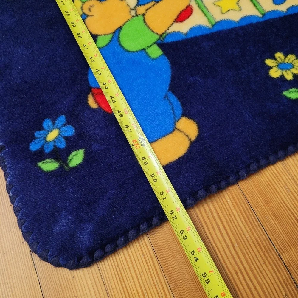 Vtg Baby Blanket Teddy Bear Marry Go Round Carnival Mink Plush Navy Blue RARE
